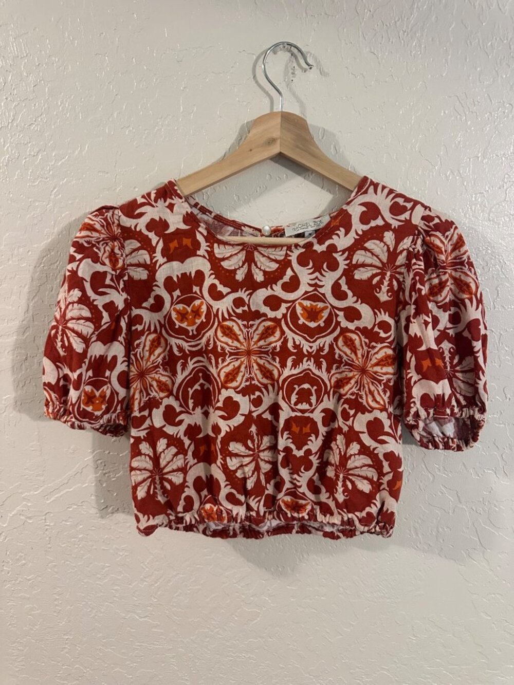 Rachel Zoe Linen Puff Sleeve Floral Boho Print Cropped Hippie Top - Picture 2 of 10
